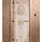 Стеклянная дверь для бани и сауны с рисунком ЕГИПЕТ, коробка осина, сатин, 8 мм, 3 петли хром, квадратные 1900х800 мм (по коробке) фото товара