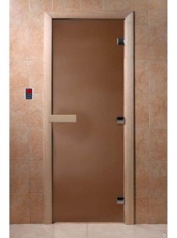 Дверь для сауны стеклянная, короб осина, бронза матовая, 8 мм, 3 петли хром квадр., 2000х900 мм (по коробке) фотография