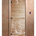 Стеклянная дверь для бани и сауны с рисунком ЗИМА, коробка осина, прозрачная, 8 мм, 3 петли хром, квадратные 1900х800 мм (по коробке) фото товара