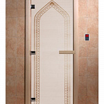 Стеклянная дверь для бани и сауны с рисунком АРКА, коробка осина, сатин, 8 мм, 3 петли хром, квадратные 2000х800 мм (по коробке) фото товара