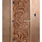 Стеклянная дверь для бани и сауны с рисунком ХОХЛОМА, коробка осина, бронза матовая, 8 мм, 3 петли хром, квадратные 2000х800 мм (по коробке) фото товара