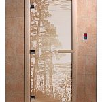 Стеклянная дверь для бани и сауны с рисунком РАССВЕТ, коробка осина, сатин, 8 мм, 3 петли хром, квадратные 2000х800 мм (по коробке) фото товара