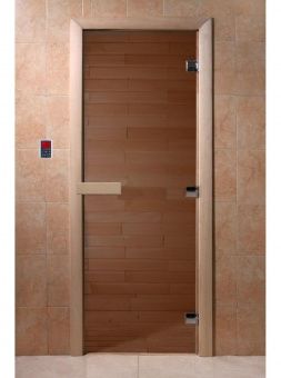 Дверь для сауны и бани стеклянная, короб осина, бронза, 8 мм, 3 петли хром квадратные, 1800х700 мм (по коробке) фотография
