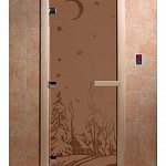 Стеклянная дверь для бани и сауны с рисунком ЗИМА, коробка осина, бронза матовая, 8 мм, 3 петли хром, квадратные 2000х800 мм (по коробке) фото товара