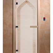 Стеклянная дверь для бани и сауны с рисунком АРКА, коробка осина, сатин, 8 мм, 3 петли хром, квадратные 1900х800 мм (по коробке) фото товара