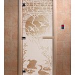 Стеклянная дверь для бани и сауны с рисунком ЛЕБЕДИНОЕ ОЗЕРО, коробка осина, сатин, 8 мм, 3 петли хром, квадратные 2000х800 мм (по коробке) фото товара