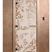 Стеклянная дверь для бани и сауны с рисунком ВЕНЕЦИЯ, коробка осина, сатин, 8 мм, 3 петли хром, квадратные 1800х800 мм (по коробке) фото товара