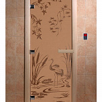 Стеклянная дверь для бани и сауны с рисунком КАМЫШОВЫЙ РАЙ, коробка осина, бронза матовая, 8 мм, 3 петли хром, квадратные 1800х800 мм (по коробке) фото товара