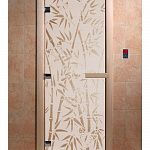 Стеклянная дверь для бани и сауны с рисунком БАМБУК И БАБОЧКИ, коробка осина, сатин, 8 мм, 3 петли хром, квадратные 1900х700 мм (по коробке) фото товара
