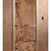 Стеклянная дверь для бани и сауны с рисунком МИШКИ, коробка осина, бронза матовая, 8 мм, 3 петли хром, квадратные 1800х800 мм (по коробке) фото товара