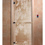 Стеклянная дверь для бани и сауны с рисунком БЕРЕЗКА, коробка осина, прозрачная, 8 мм, 3 петли хром, квадратные 1900х700 мм (по коробке) фото товара
