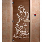 Стеклянная дверь для бани и сауны с рисунком ИСКУШЕНИЕ, коробка осина, бронза, 8 мм, 3 петли хром, квадратные 1800х800 мм (по коробке) фото товара