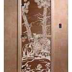 Стеклянная дверь для бани и сауны с рисунком МИШКИ, коробка осина, бронза, 8 мм, 3 петли хром, квадратные 1900х800 мм (по коробке) фото товара