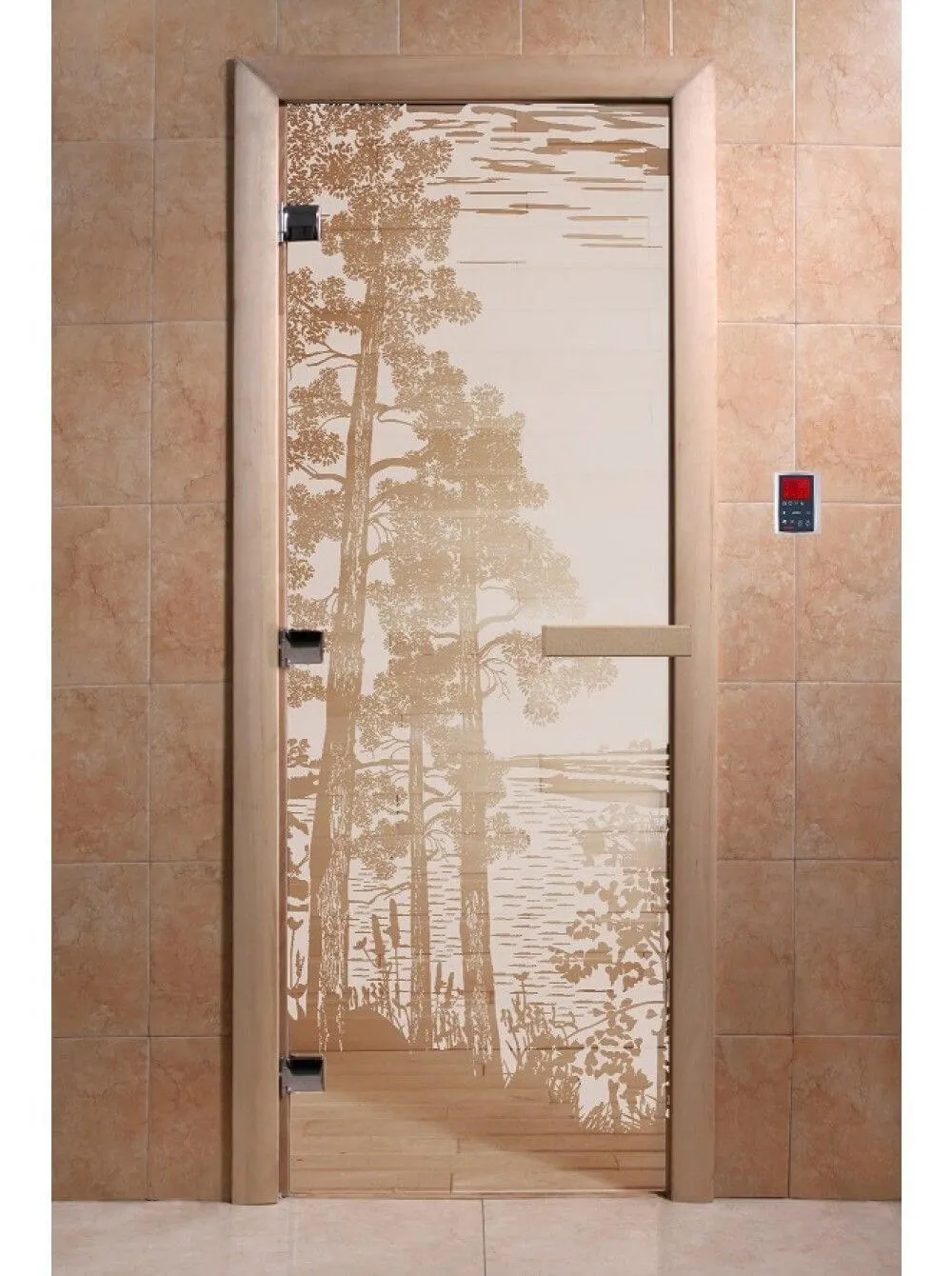 Стеклянная дверь для бани и сауны с рисунком РАССВЕТ, коробка осина, сатин, 8 мм, 3 петли хром, квадратные 1900х700 мм (по коробке) фото товара