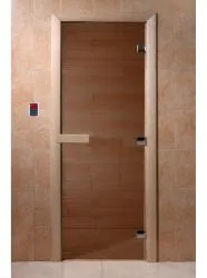 Дверь для сауны и бани стеклянная, короб осина, бронза, 8 мм, 3 петли хром квадратные, 1900х700 мм (по коробке) фото товара